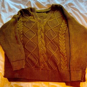 Pea green braided front sweater, cotton v neck